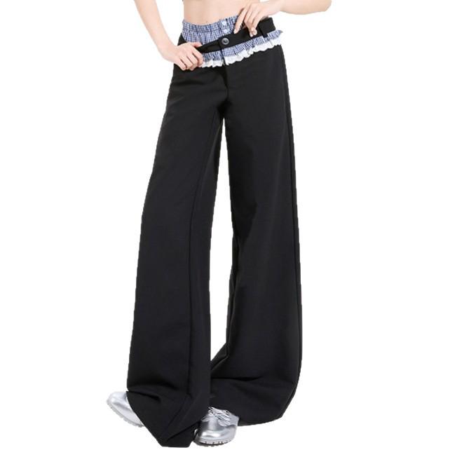 Plaid Patchwork Lace Double Waistband Wide-Leg Pants for Women - New 2025 Spring/Autumn Casual Long Pants