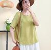 Women's Round Neck Three Quarter Sleeve Tencel Linen Loose Fit Chinese Frog Button Casual Blouse