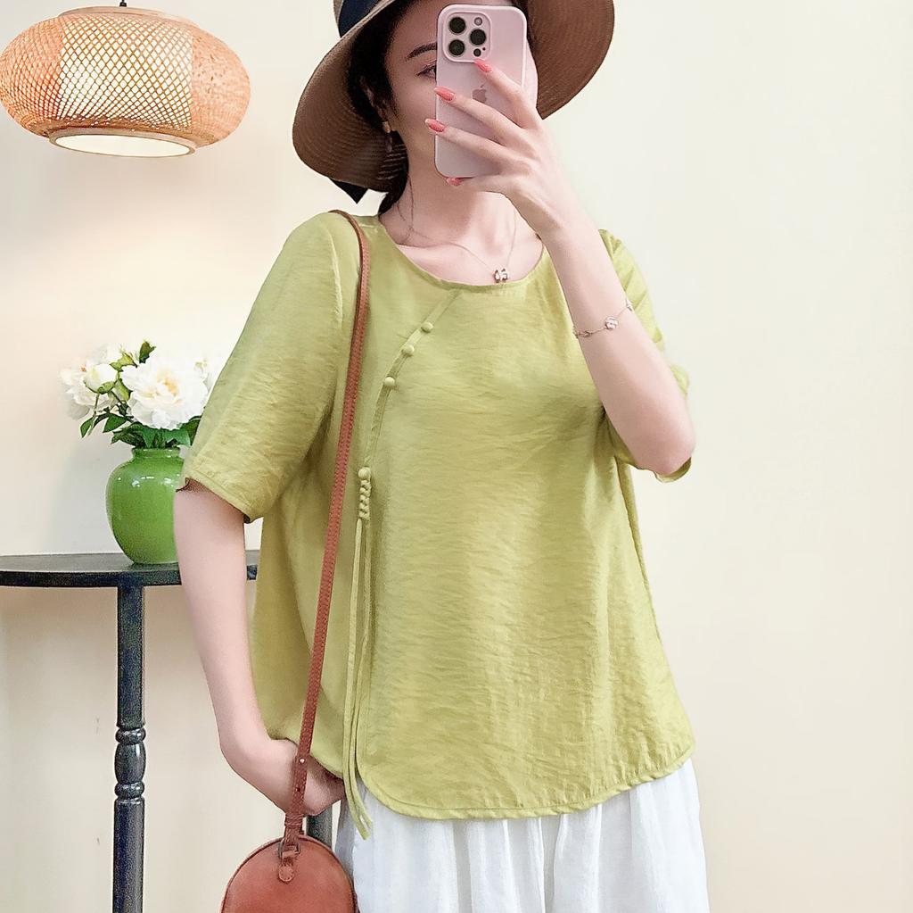 Women's Round Neck Three Quarter Sleeve Tencel Linen Loose Fit Chinese Frog Button Casual Blouse