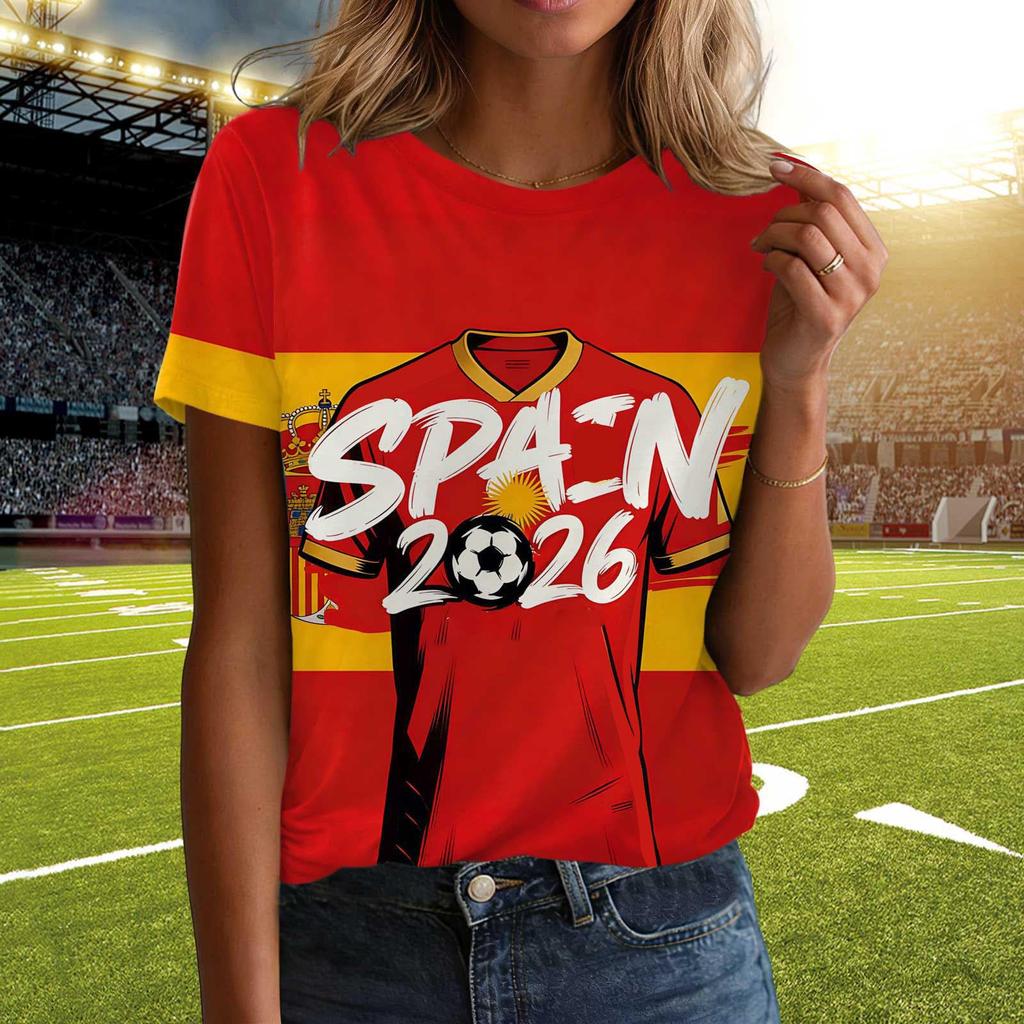 Women Casual Pullover T Shirt Short Sleeve Crew Neck Letter Print Top for Spain 2026 Soccer Support Fans