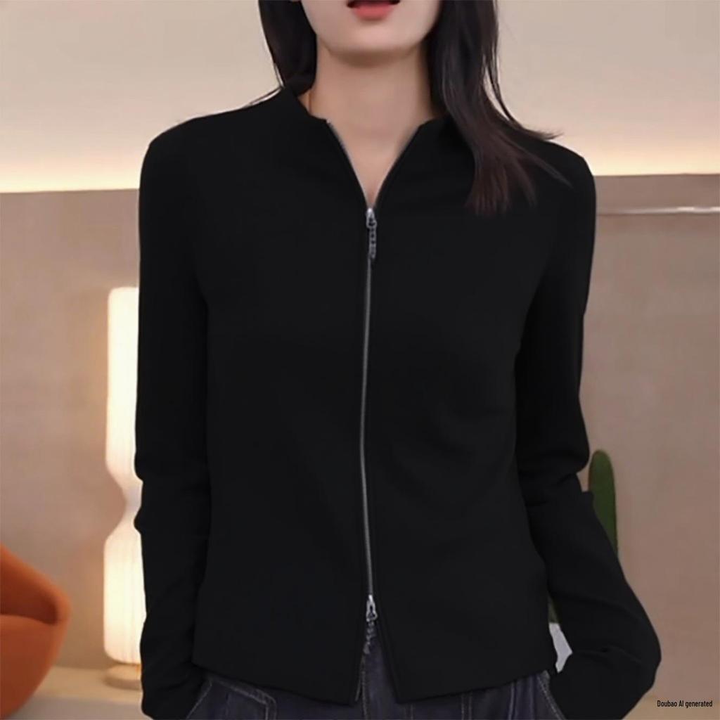 Versatile Women's Stand Collar Slim Fit Double Zipper Jacket - Stylish Long Sleeve T-shirt Cardigan for Autumn/Winter