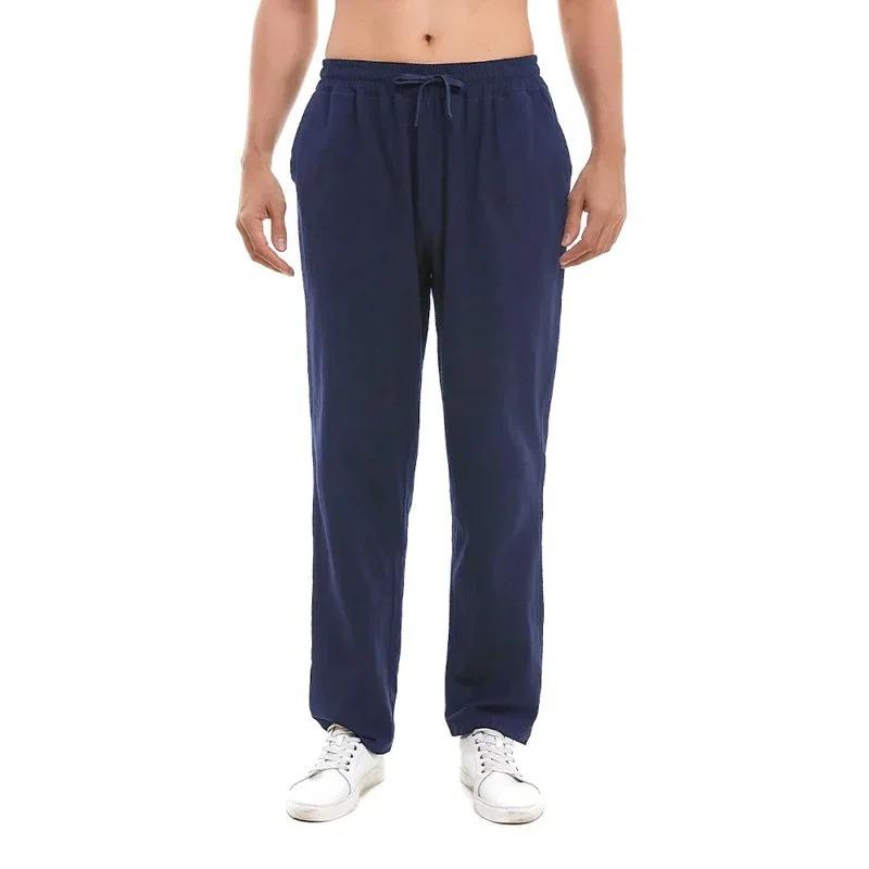 Spring Summer Long Pants for Men Cotton Linen Solid Color Lightweight Pants Casual Sweatpants Elastic Waist Basic Style Trousers