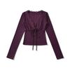 V-Neck Lace Trim Tie-Up Long Sleeve Slimming Bodycon Cropped T-Shirt for Women (Spring/Autumn)