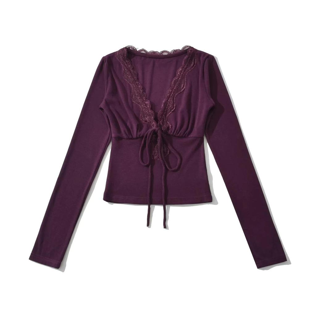 V-Neck Lace Trim Tie-Up Long Sleeve Slimming Bodycon Cropped T-Shirt for Women (Spring/Autumn)
