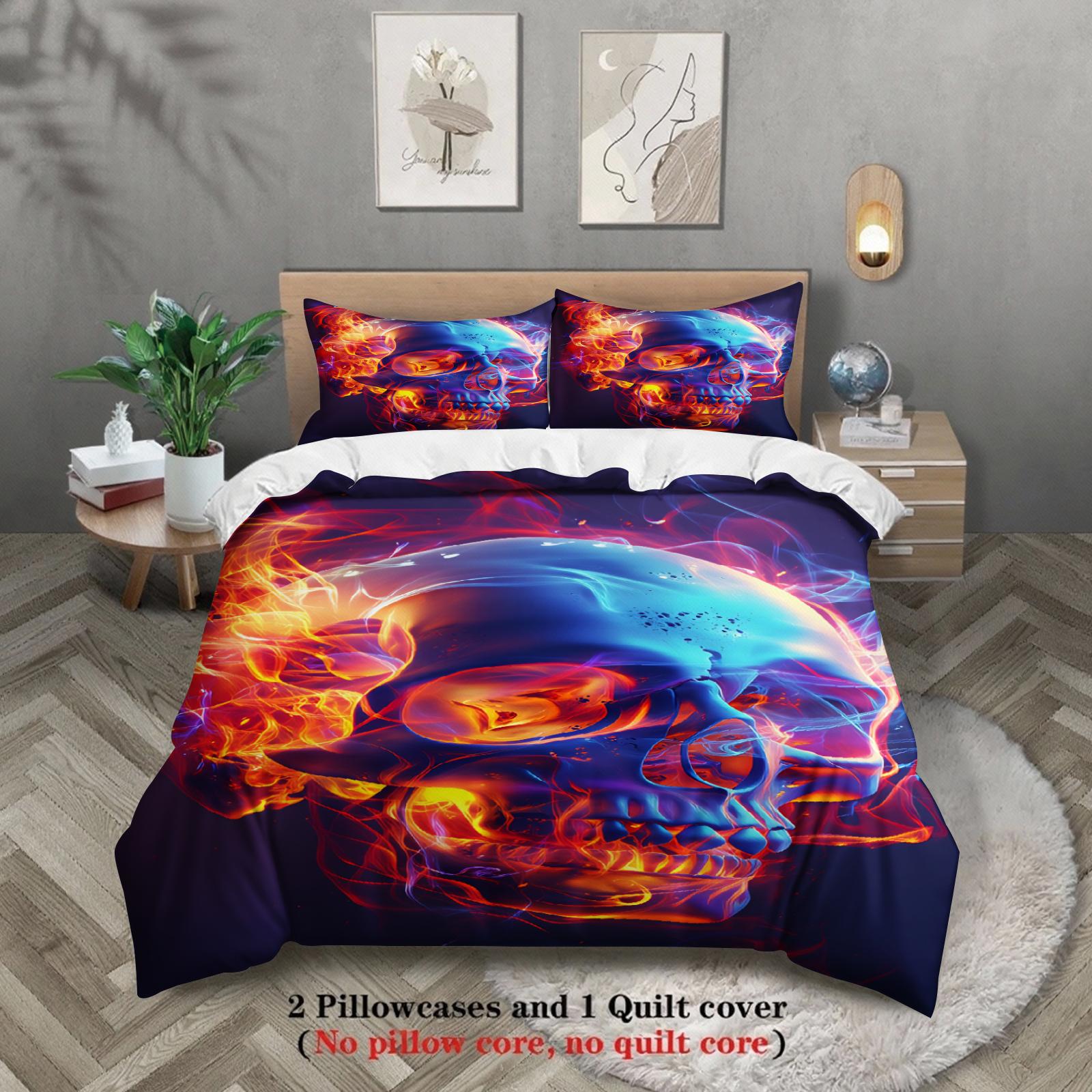 

3pcs Skull Bedding Sets 3D Printed Flame Pattern Anti-Slip Stain Resistant Duvet Cover Sets With Pillowcases No Filling AU Single(140x210cm)