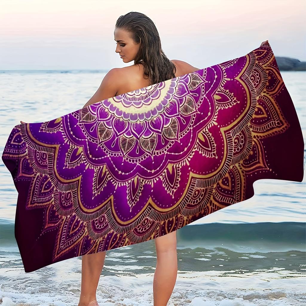 Purple Mandala Beach Towel, Boho Floral Print, Quick Dry Microfiber, Oversized for Beach Pool, Gift for Yoga Lovers