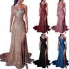 Dames Sexy Halter Nek Eén Schouder Lange Avondjurk met Gouden Folie, Mouwloos met Split, Pailletten Taille en Sleep voor Banket - Bruidsmeisjesjurk