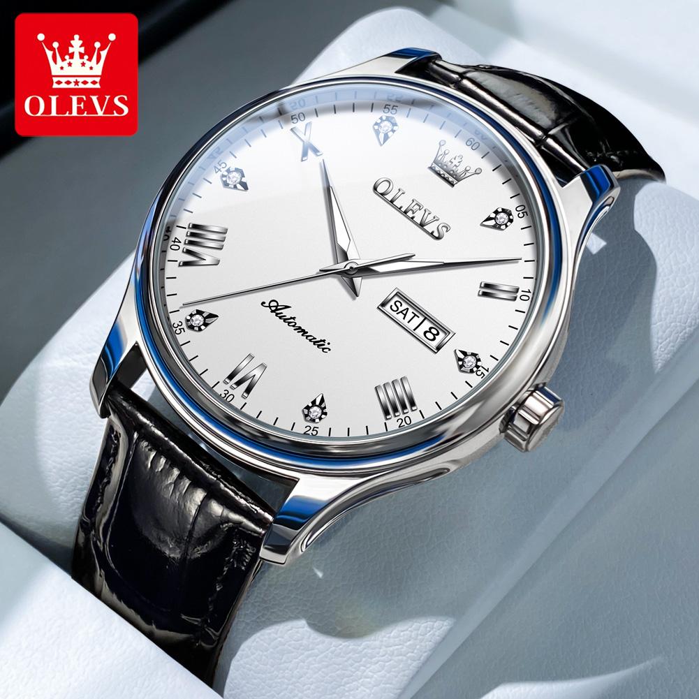 OLEVS Men's Watches Casual Trend Leather Strap Original Self-winding Mechanical Wristwatch for Man Waterproof Luminous Date Week
