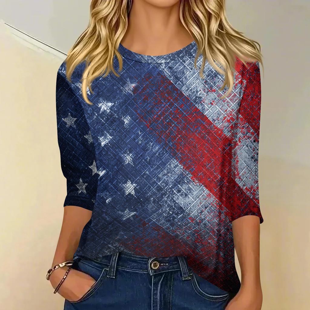 Women's fashionable casual round neck three-quarter sleeve Independence Day printed T-shirt top