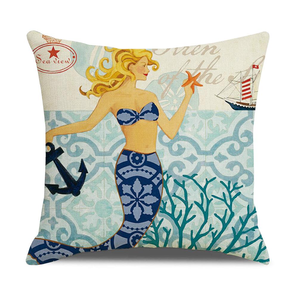 Retro Mediterranean Ocean Digital Print Linen Pillow Reading Cushion Home Furnishings