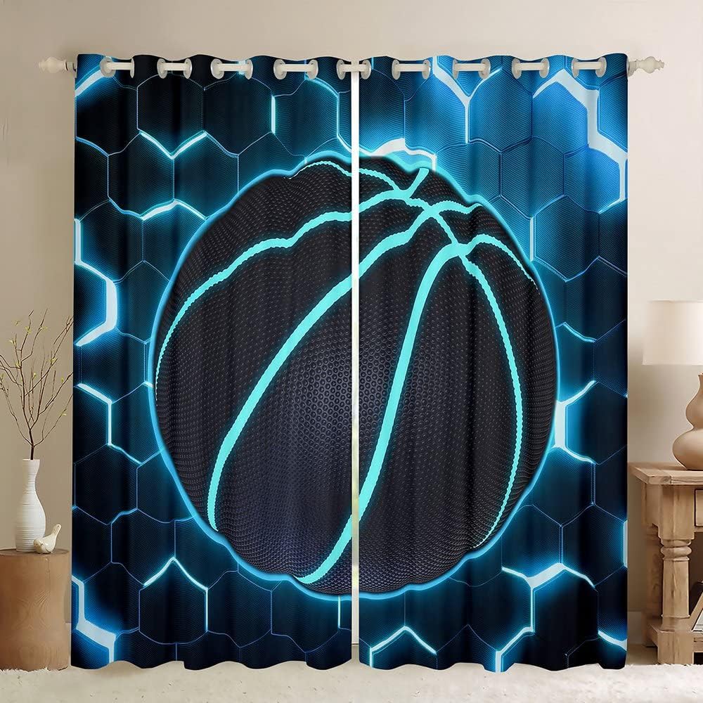 2 Panel Hexagonal Geometric Glowing Curtain Basketball Baseball Football Soccer Curtain for Boys Bedroom Blinds Window Cortinas