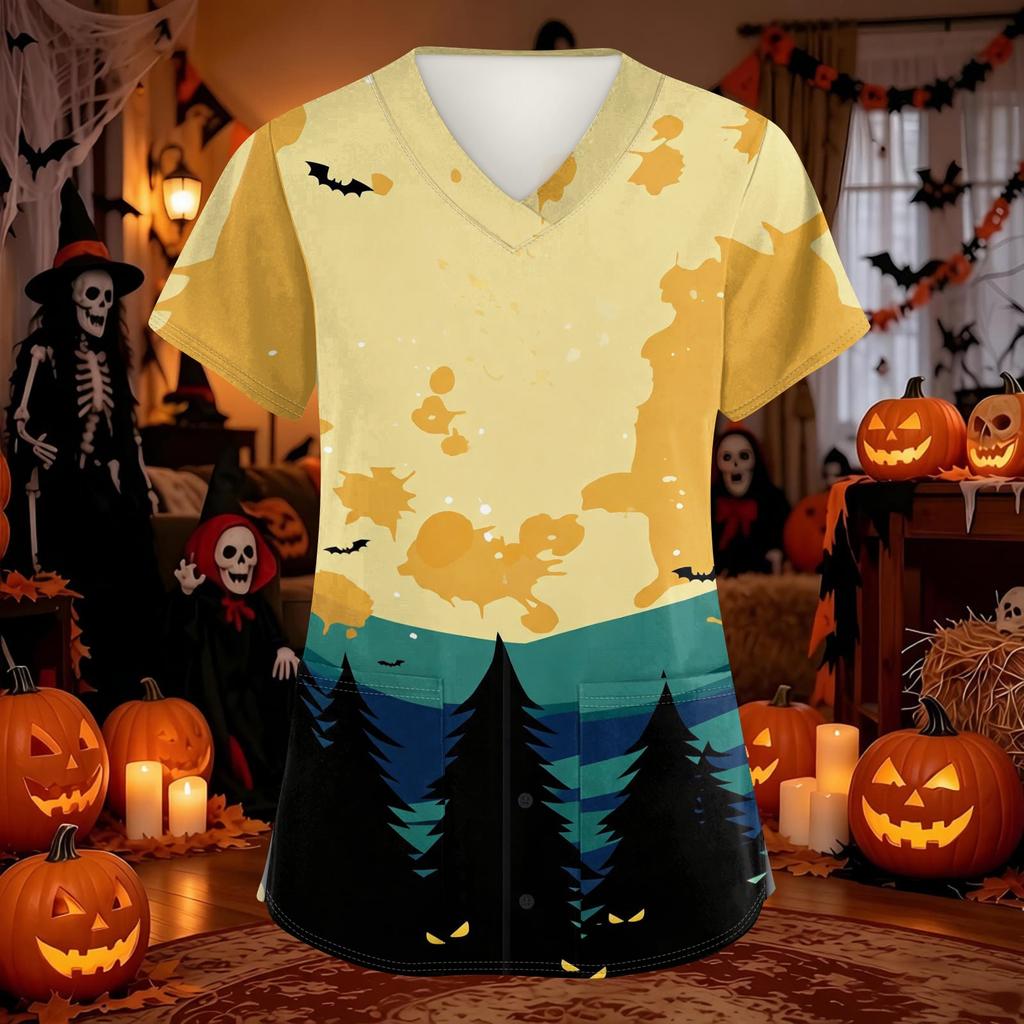 Women's Halloween Print Scrub Top with V-Neck and Pockets, Comfort Fit
