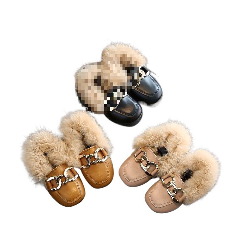 2025 autumn and winter new girls fluffy shoes baby velvet Doudou princess shoes soft sole children's rabbit fur warm cotton shoes