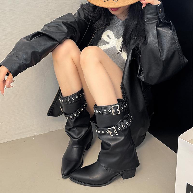 Black Pointed Hottie Sweet Cool Martin Boots Women's 2025 Spring and Autumn New Thick Heel Heightened Retro Thin Trouser Tube Boots