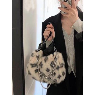 Bolsa de Corrente de Pele com Estampa de Leopardo para Outono e Inverno, Bolsa Fofa Versátil, Bolsa Macia de Ombro Único Xadrez Transversal