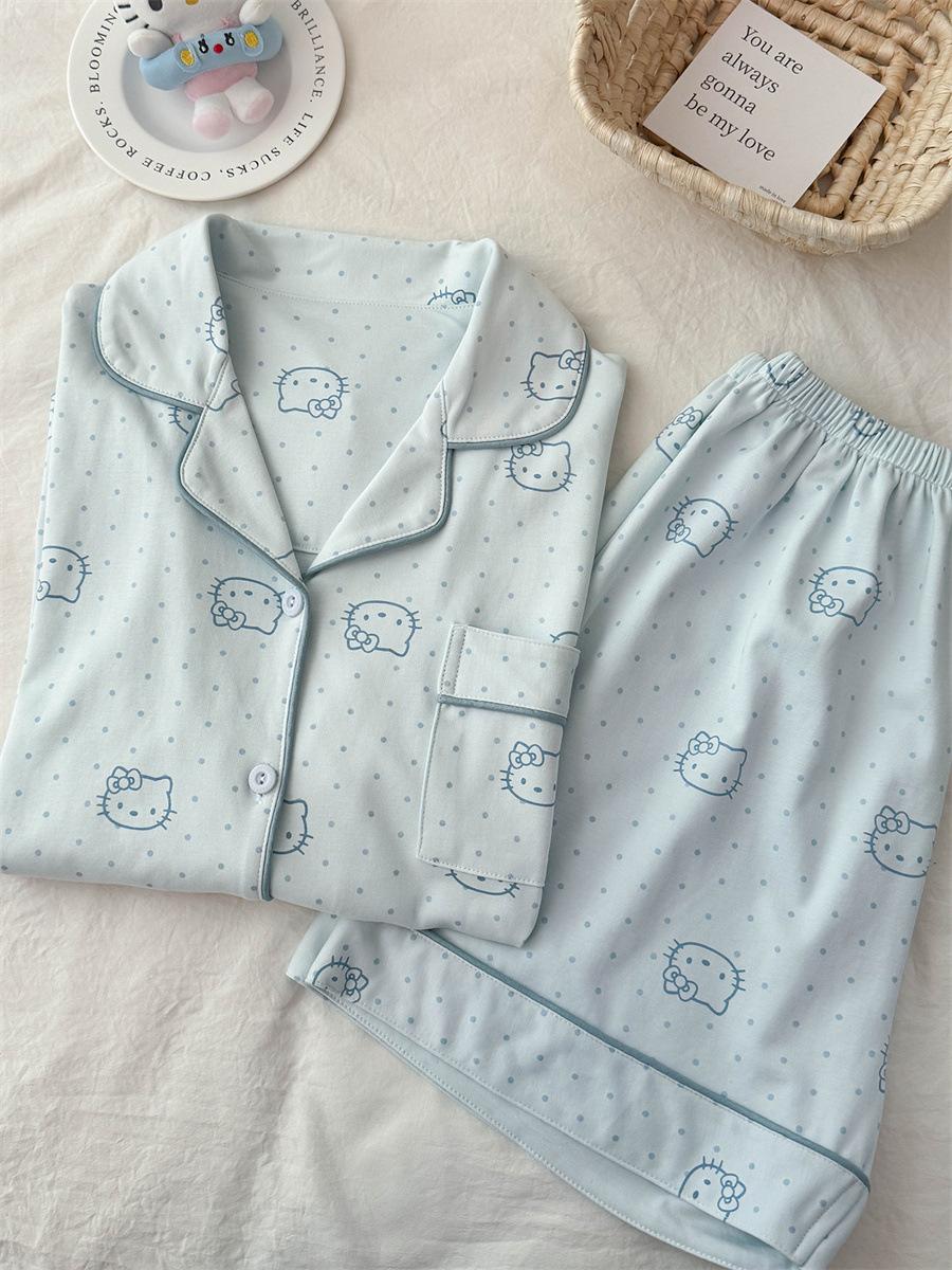 

Blue polka dot soft cute Hello Kitty pajamas women can wear short-sleeved shorts cardigan two-piece loungewear in summer S
