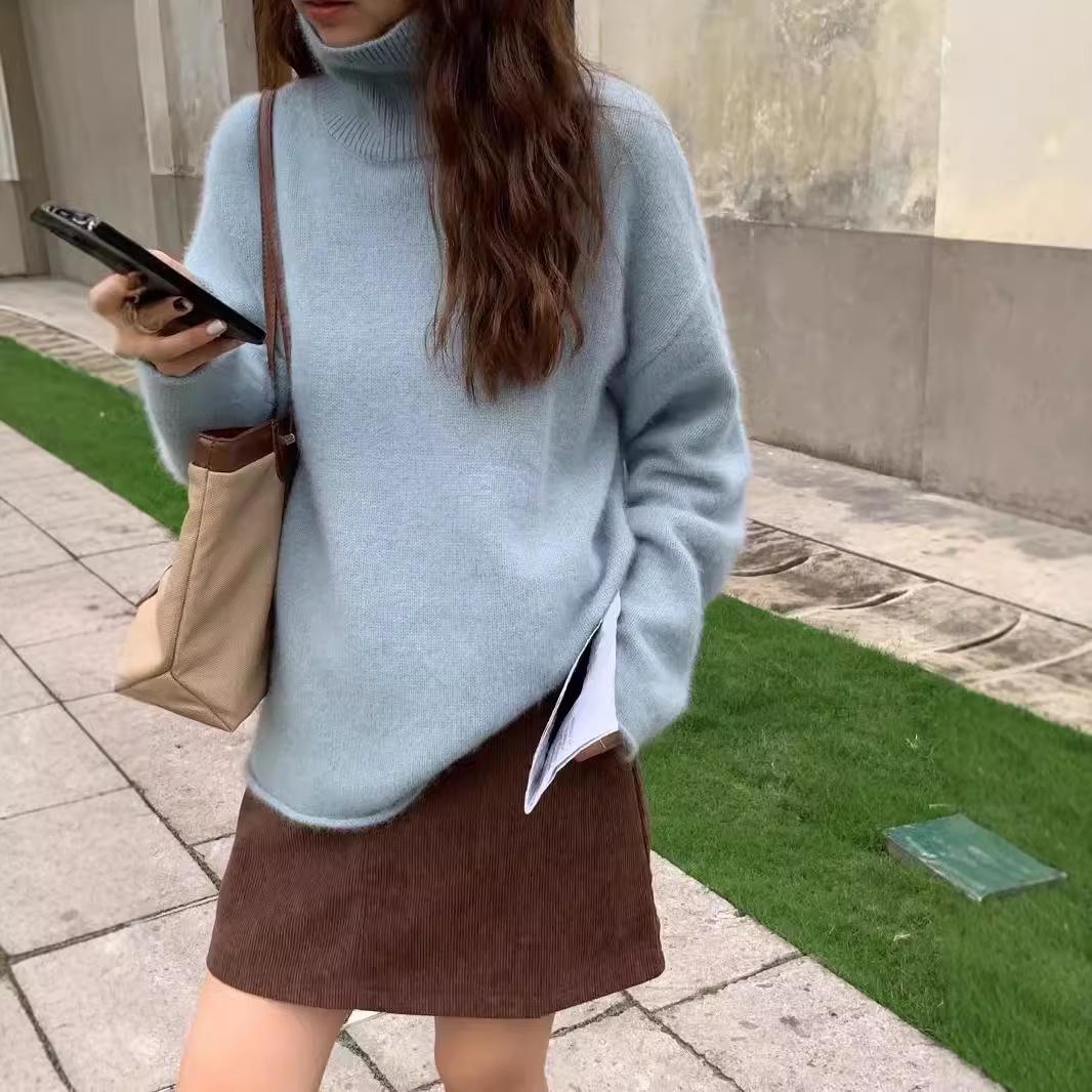 

Женский свитер с высоким воротником из высококачественной чистой шерсти в европейском стиле: Осень/Зима Мягкий, Утепленный, Рулик, Свободный крой. XXXL