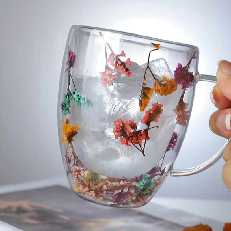 350Ml Fillings Dry Flowers Double Wall Glass Cup With Handle Heat Resistant Tea Coffee Cups Espresso Milk Mug Creative Gift