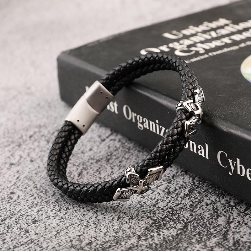 Stainless Steel Magnetic Clasp Braided Leather Bracelet Men Minimalist Multi-Layer Geometric Design