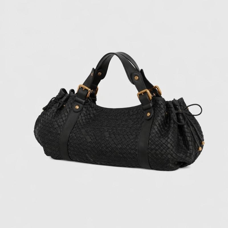 Large Capacity Woven PU Leather Tote Bag Women Soft Structured Shoulder With Drawstring Detail