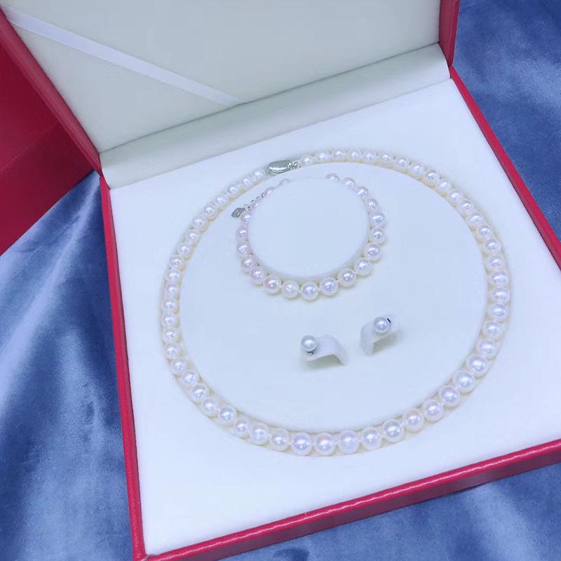 Freshwater Pearl Necklace & Earrings Set with Silver Clasp and Round Bead Chain for Women