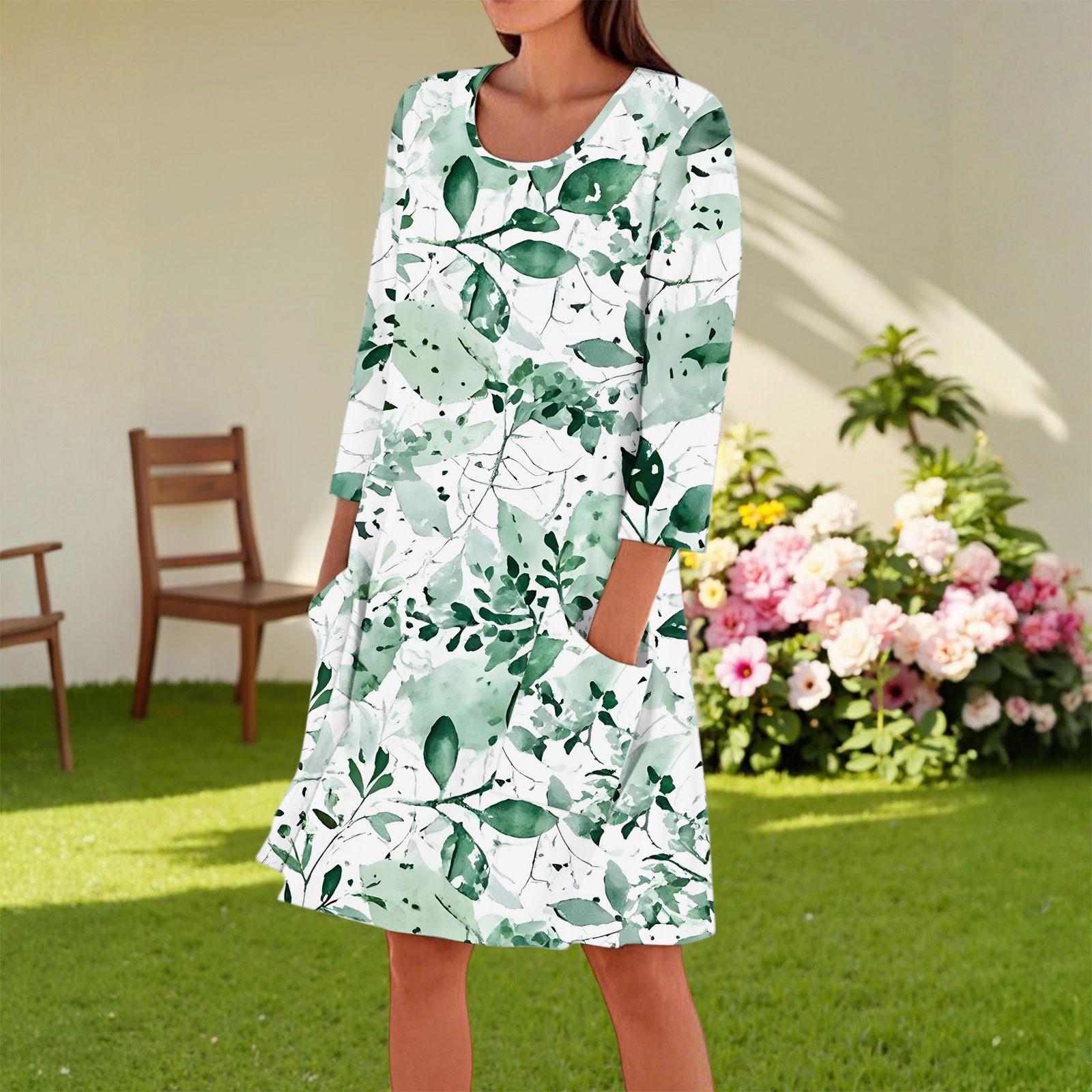 Women s Fashion Casual Round Neck Three-quarter Sleeve Dress L