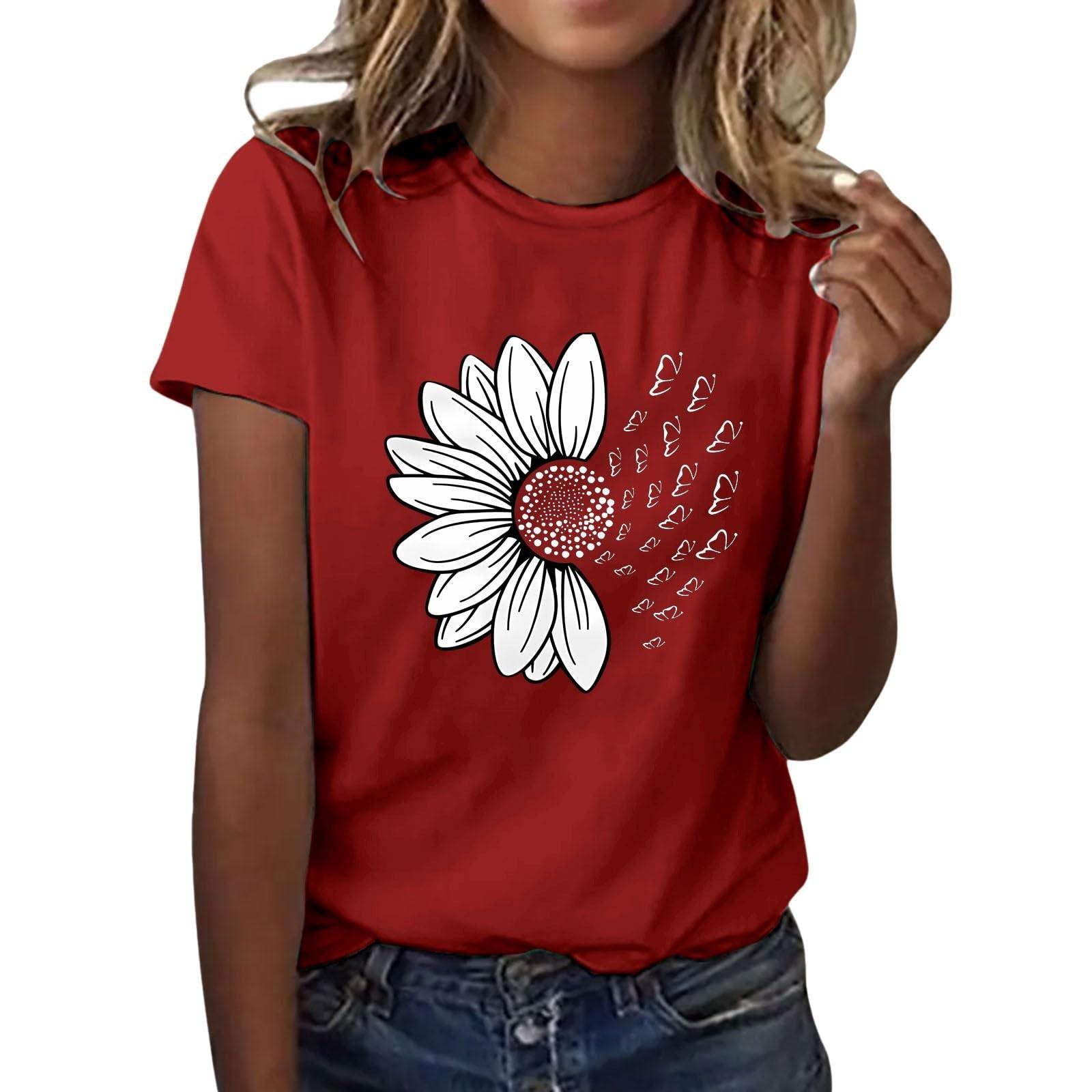 

Women s Casual Floral Print Short Sleeved T-shirt With Round Neck Top S червоний