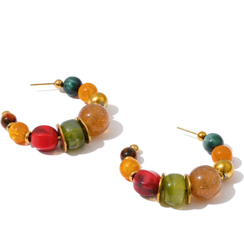 Yhpup French Colorful Acrylic Beads C-Shape Huggie Earrings Tarnish Resistant Stainless Steel Fashion Handmade Charms Jewelry