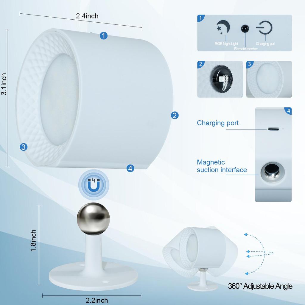 2024 Innovative USB Rechargeable Magnetic Wall Lamp with Remote Control - Three-Color Dimmable Night Light