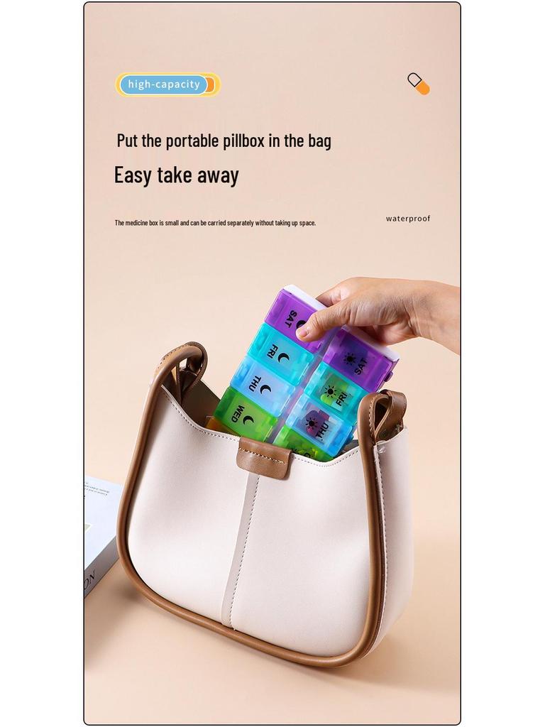 Portable 14-Grid Press-Type Weekly Pill Organizer Box