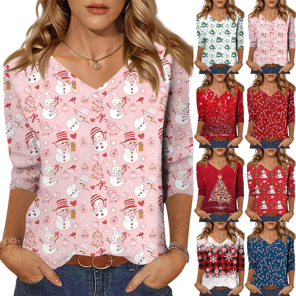 Dámská móda ležérní tričko s výstřihem do V, 3/4 rukáv, volný potisk, dámský top