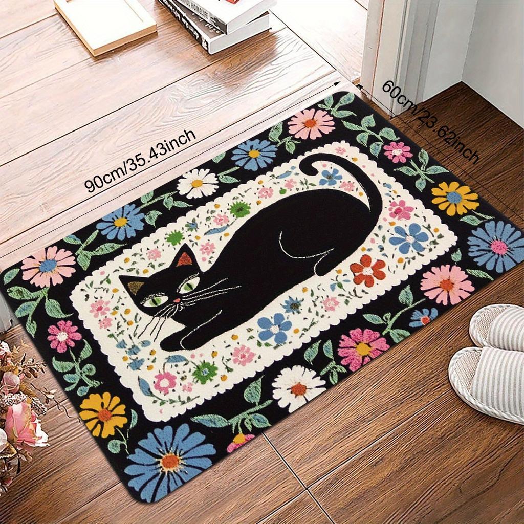 Schwarze Katze Bunte Blumen Eingangstürmatte Eingang Rutschfest Abriebfest Leicht zu Reinigen Fußmatten Heimdekor Teppich