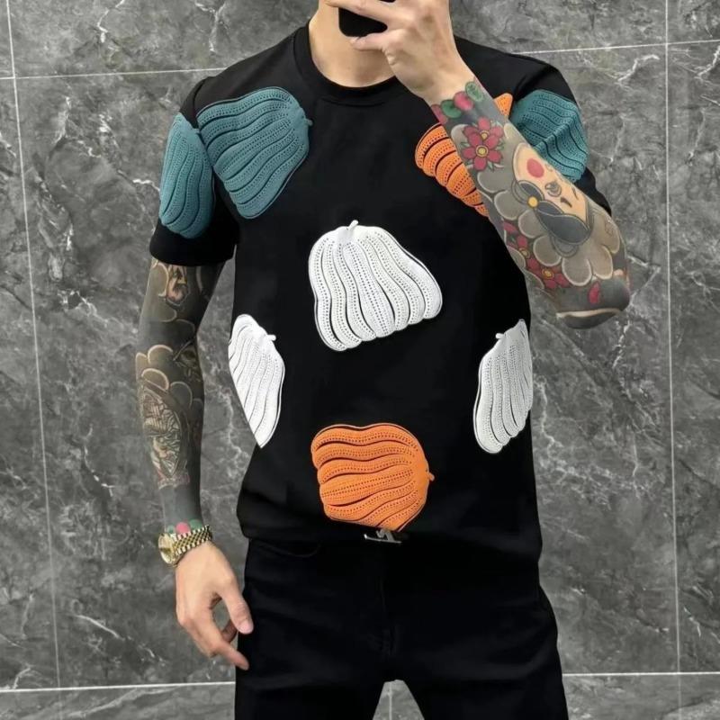 Men's 3D Patchwork Short Sleeve T Shirt Contrast Color Wavy Applique Casual Tee