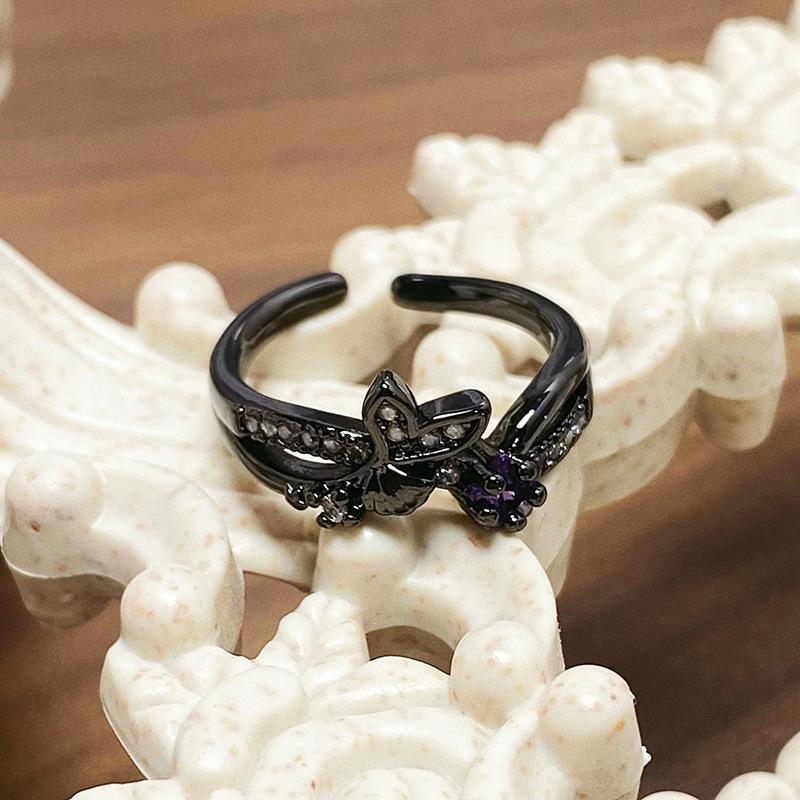 Dark Personality Iris Flower Sea Blue Zircon Flower Opening Ring Niche High-End Temperament Punk Stacked Ring
