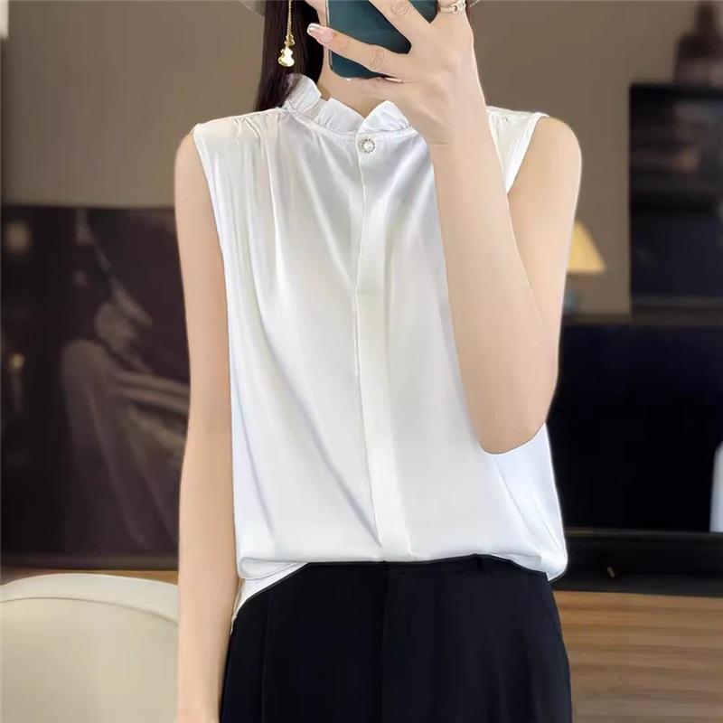 Lace Trim Sleeveless Solid Color One Button Blouse Silk Satin Slimming Commuter Shirt For Women Elegant Spring Summer Lightweight Top