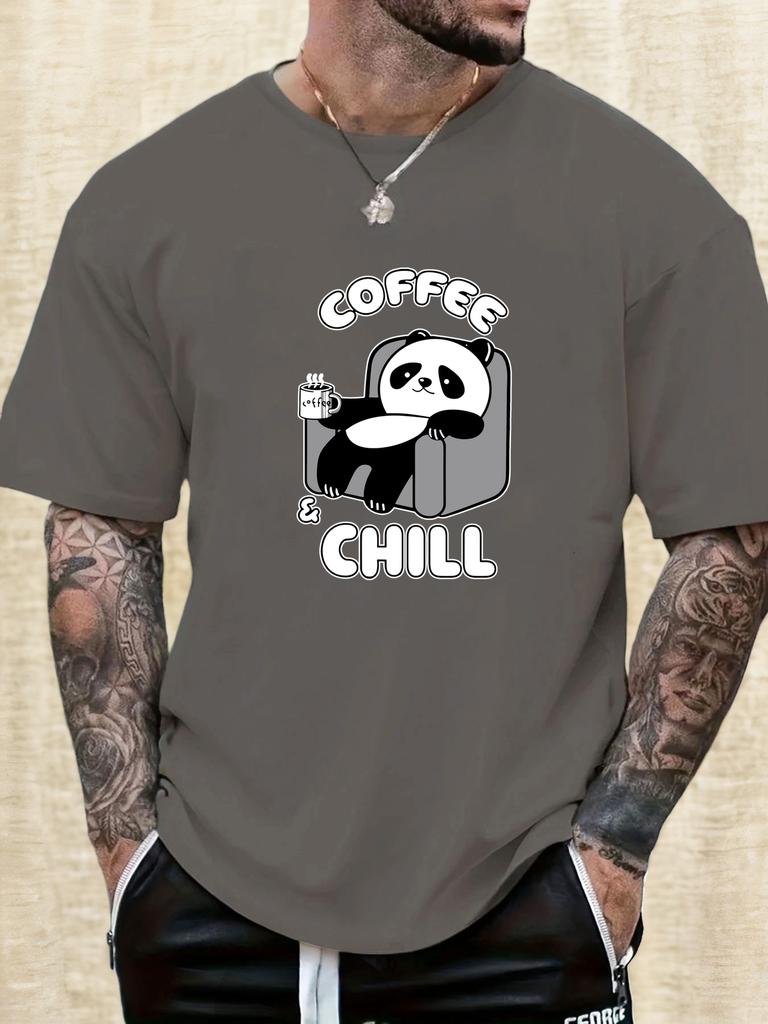 Mens Casual Tshirt Panda Coffee  Chill Print Short Sleeve Round Neck Breathable Soft Oversized Daily Wear Tee