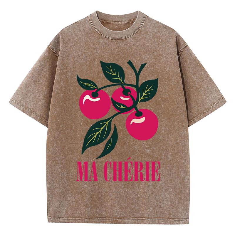 Vibrant Cherries Printing Washed TShirts Womens Cotton T Shirts ONeck Comfortable Distressed Tops Summer Casual Woman Clothes