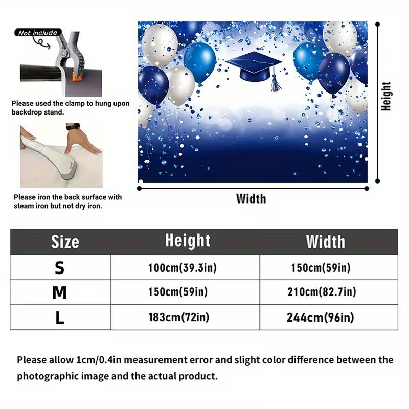 2D College Graduation Backdrop, Elegant Blue Themed Balloons & Cap Banner