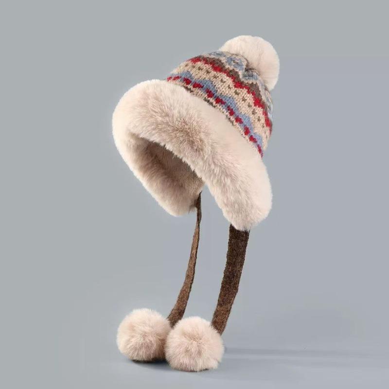 Winter Knitted Knitted Hat Warm Balaclava Hat Windproof Pompom Ear Protection Hat Fur Balls Thicken Beanie Hat Autumn and Winter