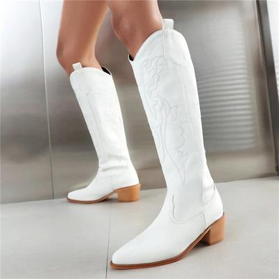 FOREADA Women Knee High Cowboy Gogo Boot Pointed Toe Thick Mid Heel Embroider Western Cowgirl Boot Lady Fashion Winter Shoes 43