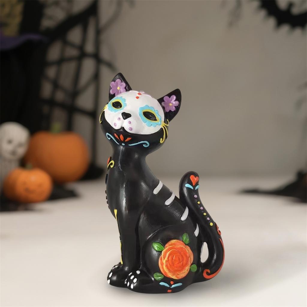 Set of 3 Hand-Painted Day of The Dead Sugar Skull Figurines with Marigold Flowers and Skeleton Cat Statues for Halloween Decor