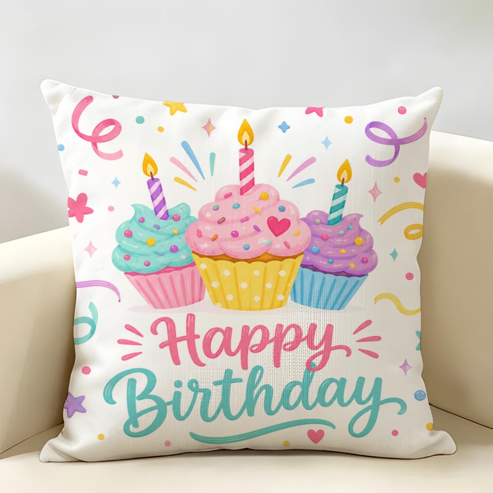 Cupcakes HAPPY BIRTHDAY Cushion Cover Durable Hypoallergenic Organic Linen Pillow Cover Short Size Washable SkinFriendly