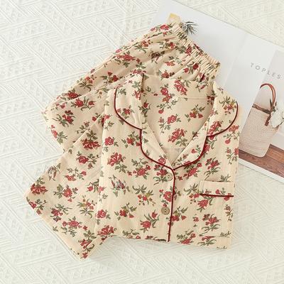 Pijama de gasa 100 % algodón para mujer, ropa de casa, informal, con estampado floral, 2 piezas, cuello vuelto, para primavera y verano