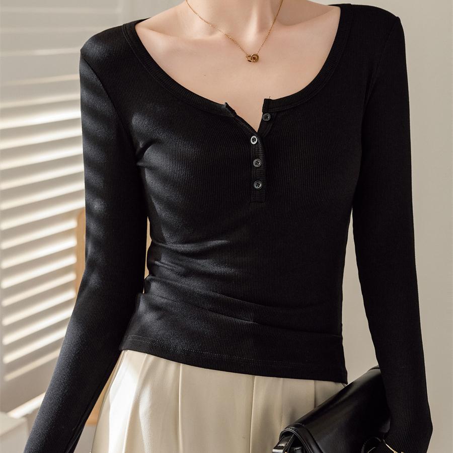 Women's High-elastic Threaded Shoulder Buttons for Autumn and Winter Pure Lust Style Long-sleeved Slim Base Shirt