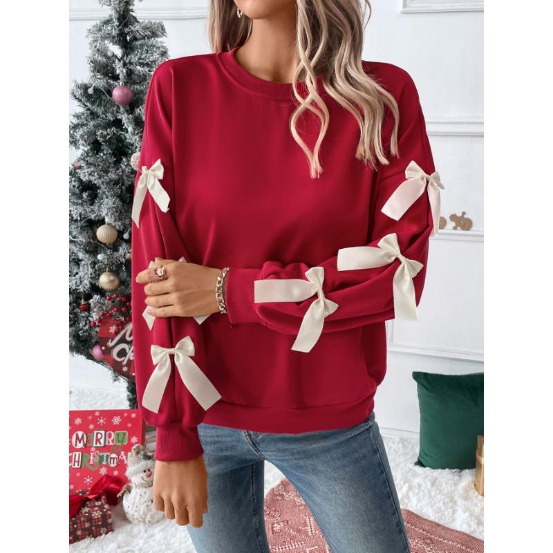 Women S Red Bow Crew Neck Long Sleeve Casual Sweatshirt