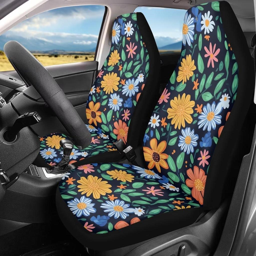 Bulopur Black Boho Floral Car Seat Covers Front Seats Only for Women Men Seat Covers w/Organizer Pocket for Cars SUV Truck Sedan