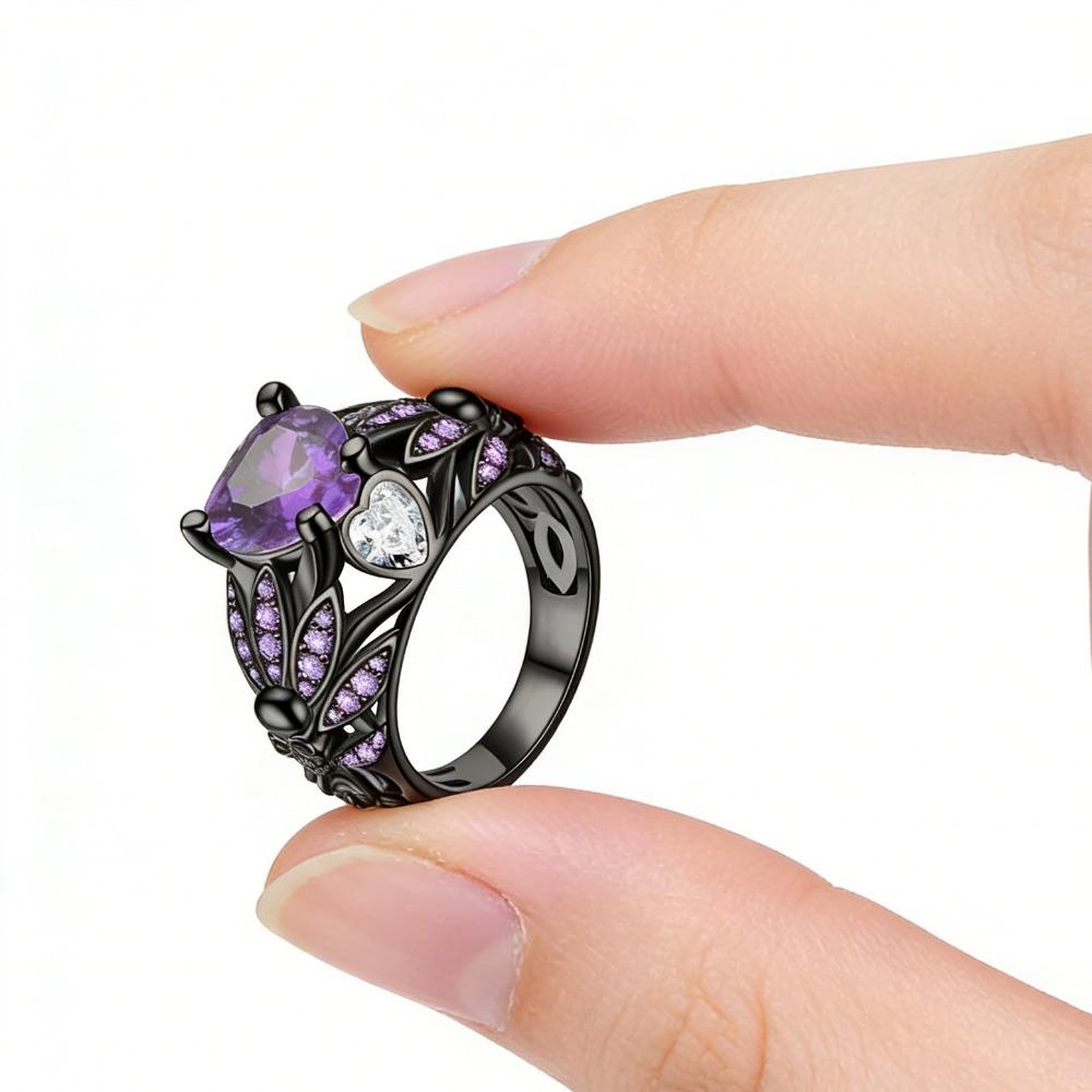 Gothic Black Skull Ring for Women, Purple Crystal CZ Stone, High Quality Statement Ring, Christmas Gift Jewelry for Women