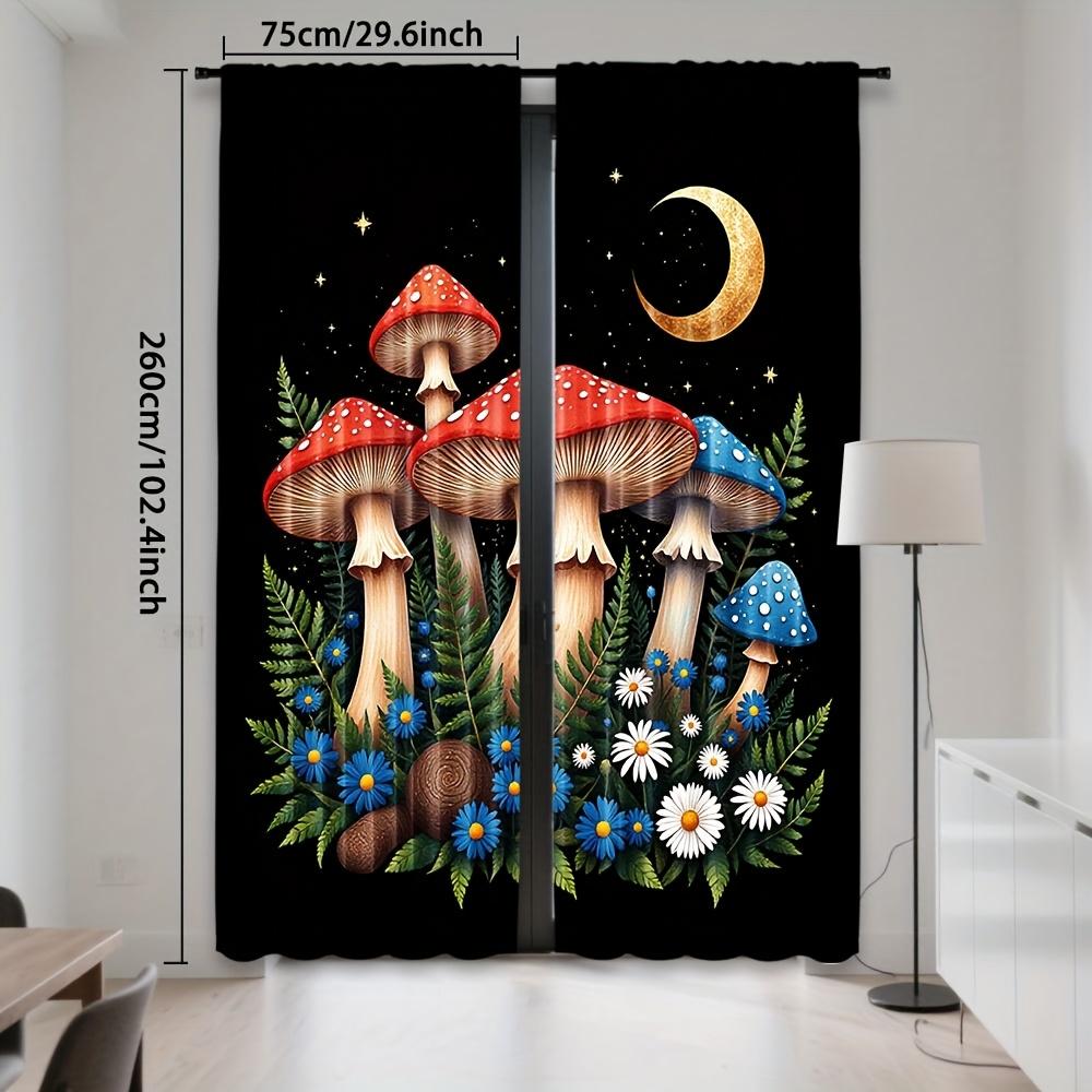 2pcs Black Night Mushroom Pattern Curtains - Polyester   Light Filtering   Rod Pocket Design for Bedroom   Living Room   Office - Wh