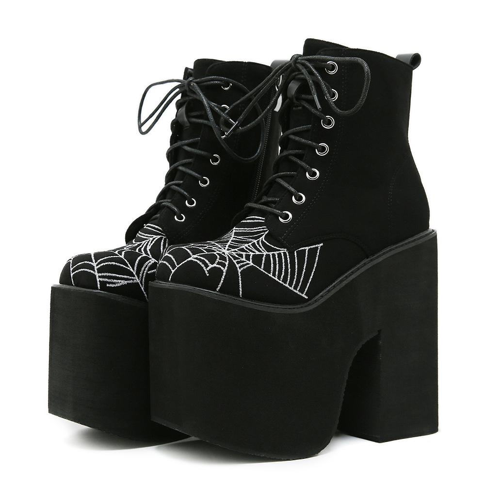 

Gdgydh Women s Boots Goth Cobweb Embroidered Shoes High Heel Ankle Boots High Platform Quality Fashion Punk Chunky Heels Zipper 36