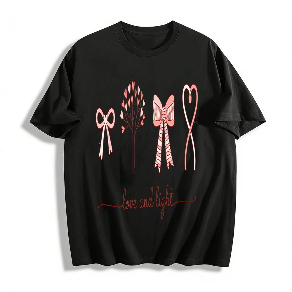 Love And Light Print Tee Heart Bow Romantic Casual Top Pure cotton T-shirt XXS
